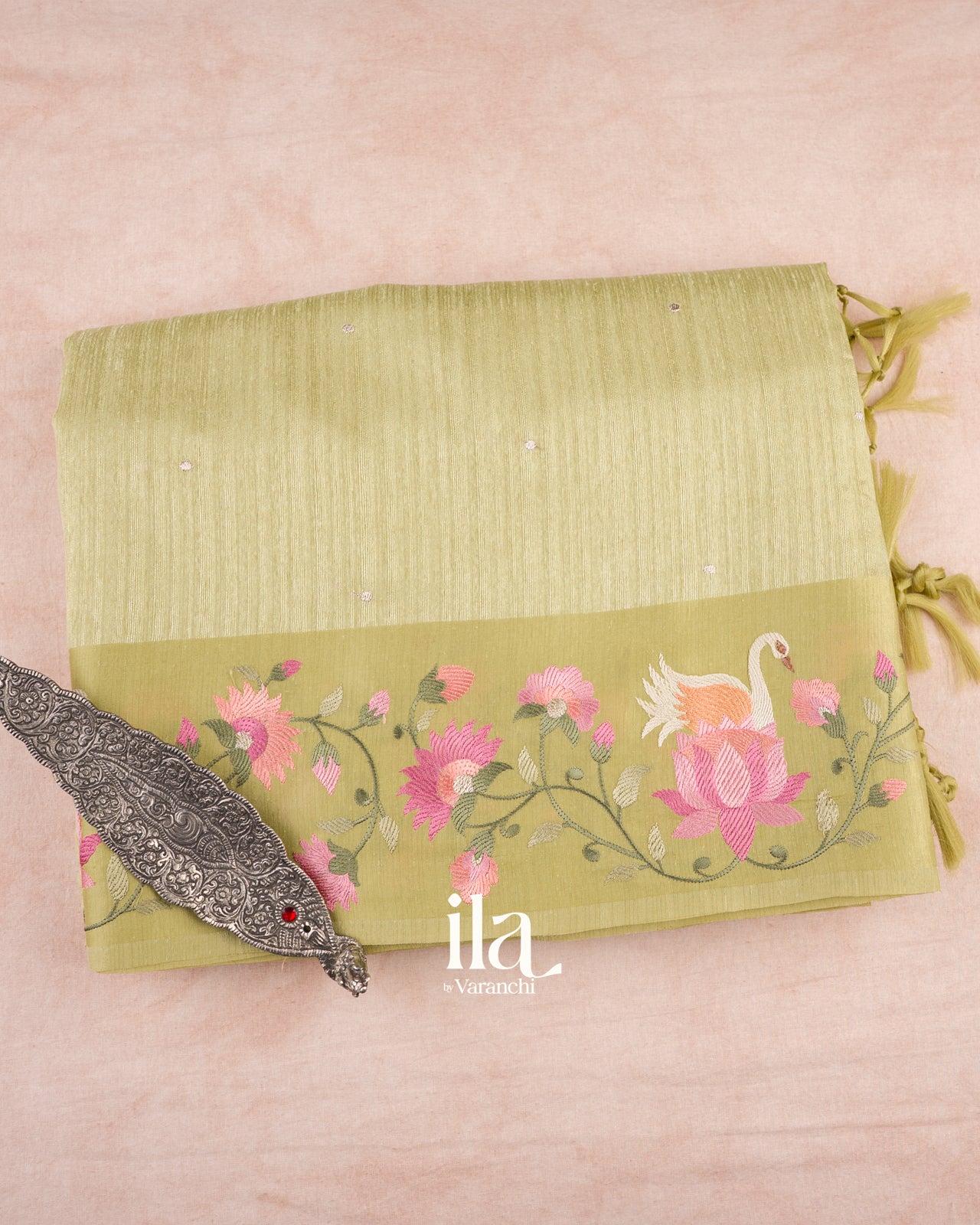 Pistachio Green Embroidered Semi Tussar Silk Saree