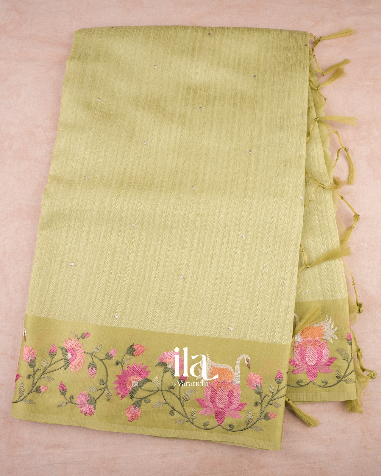 Pistachio Green Embroidered Semi Tussar Silk Saree