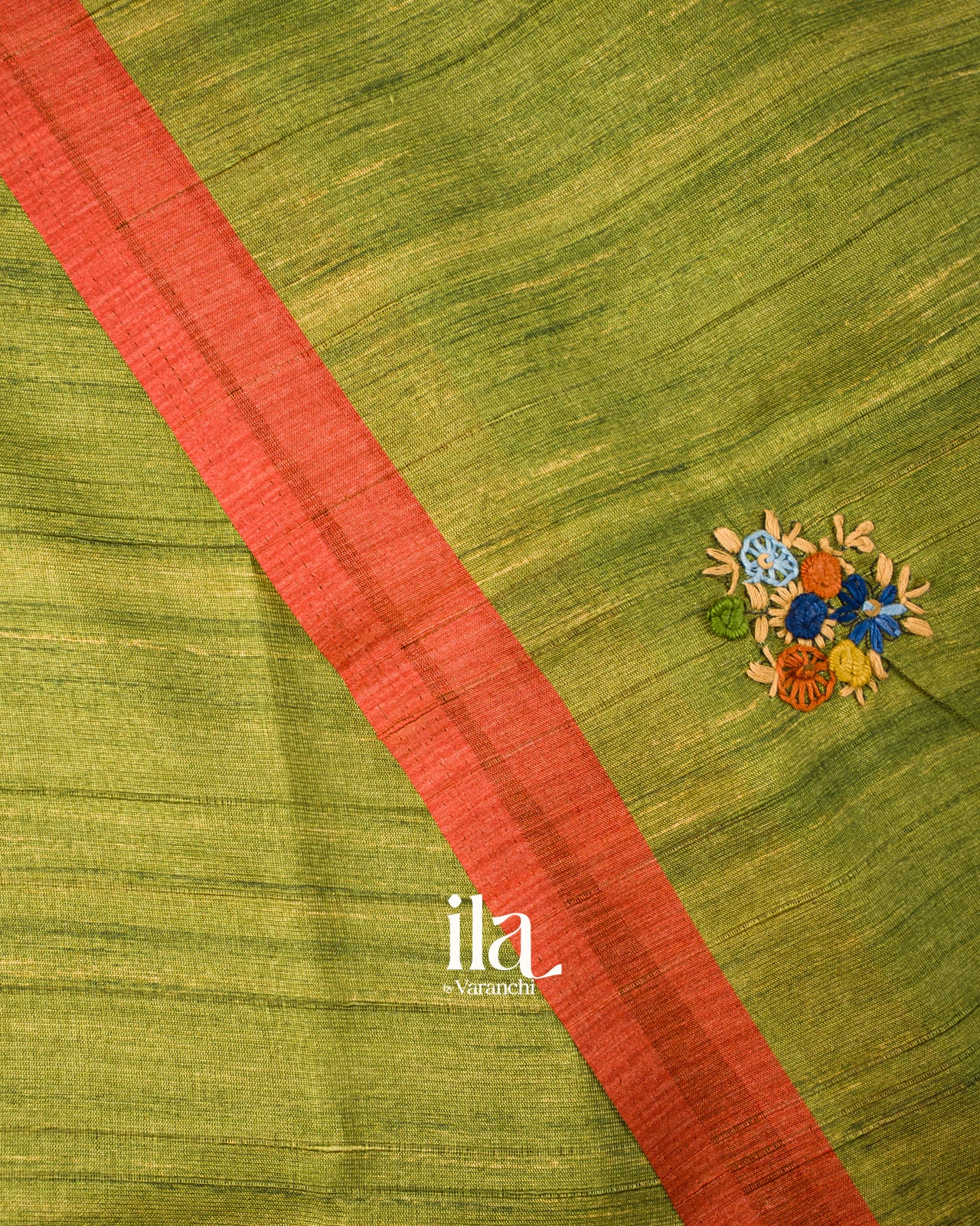 Orange and Mehandi Green Embroidered Semi Tussar Silk Saree 