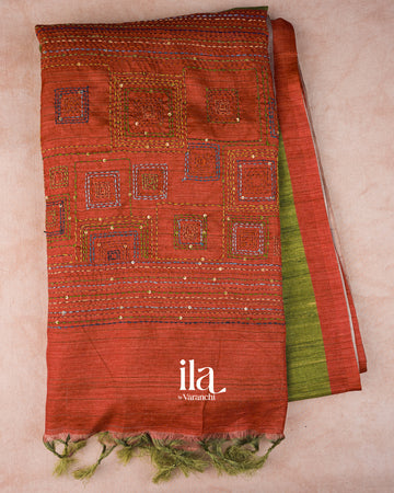 Orange and Mehandi Green Embroidered Semi Tussar Silk Saree 