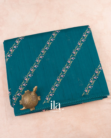 Peacock Blue Embroidered Lehariya Semi Tussar Silk Saree