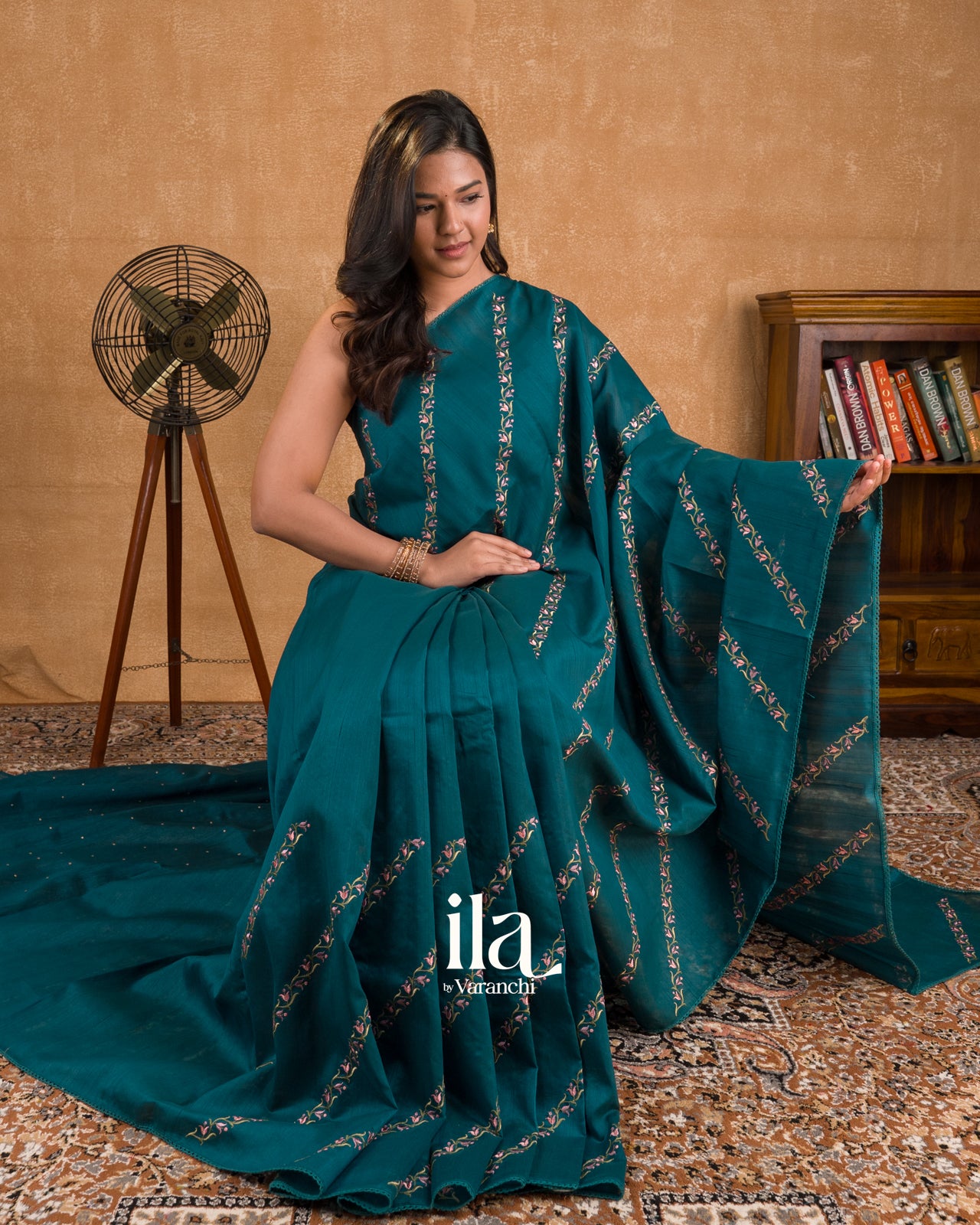 Peacock Blue Embroidered Lehariya Semi Tussar Silk Saree