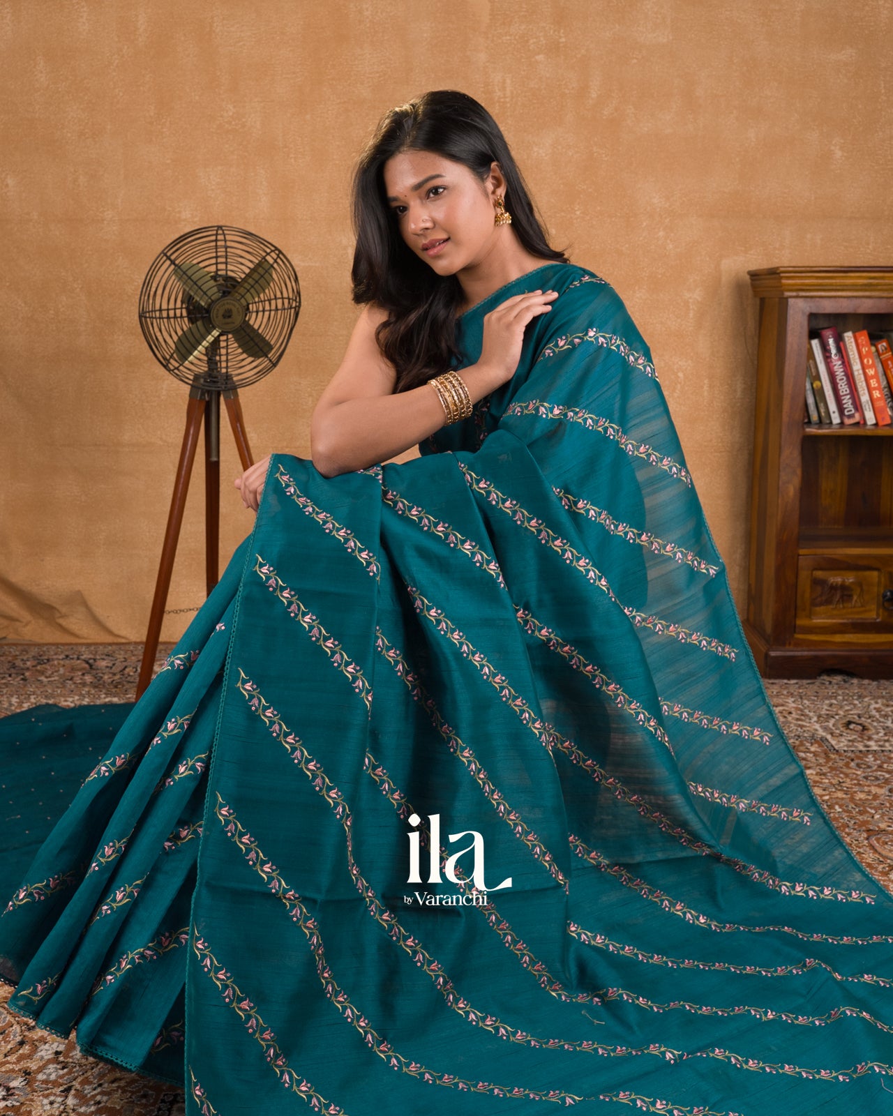 Peacock Blue Embroidered Lehariya Semi Tussar Silk Saree