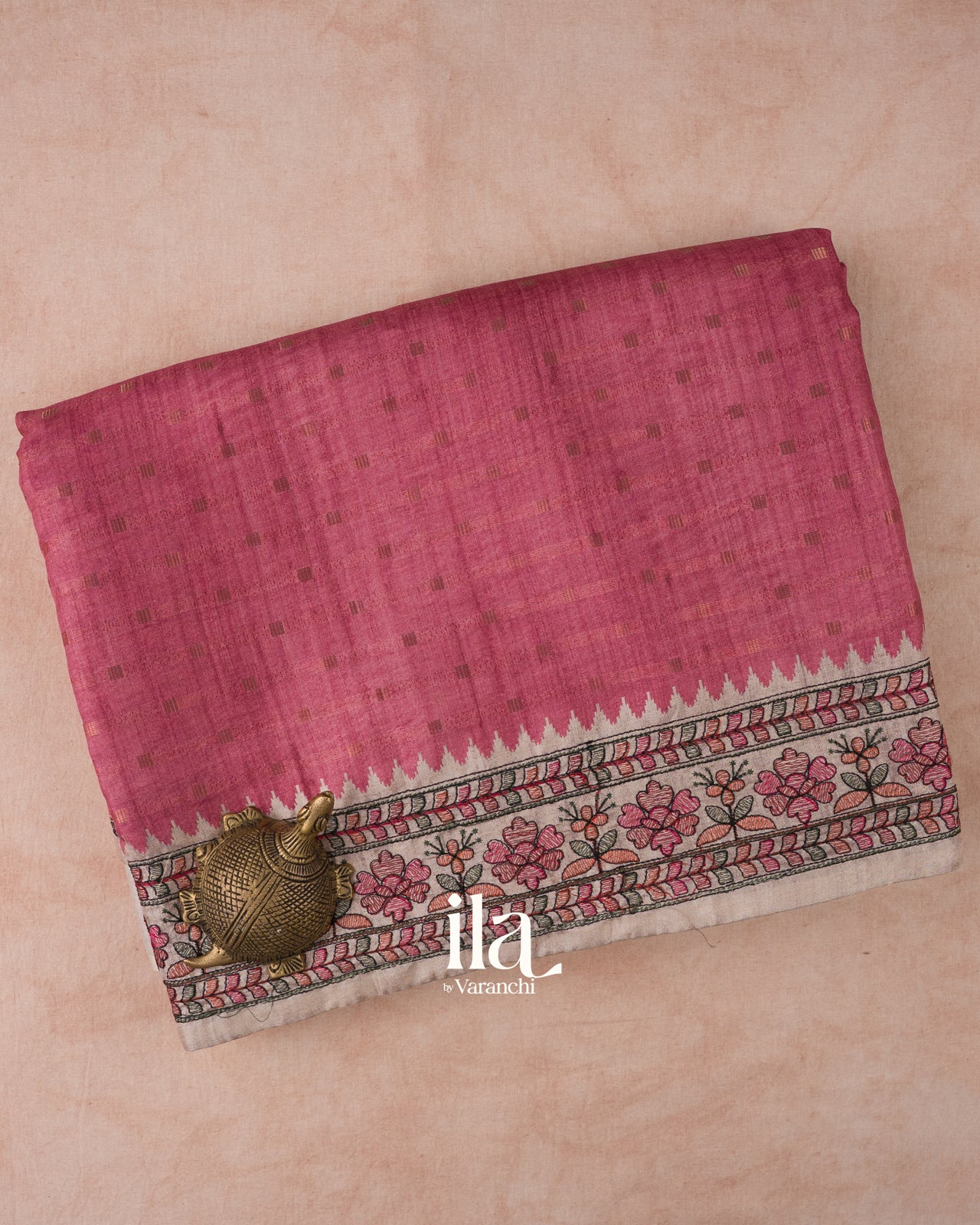 Onion Pink Floral Embroidered Semi Tussar Silk Saree 