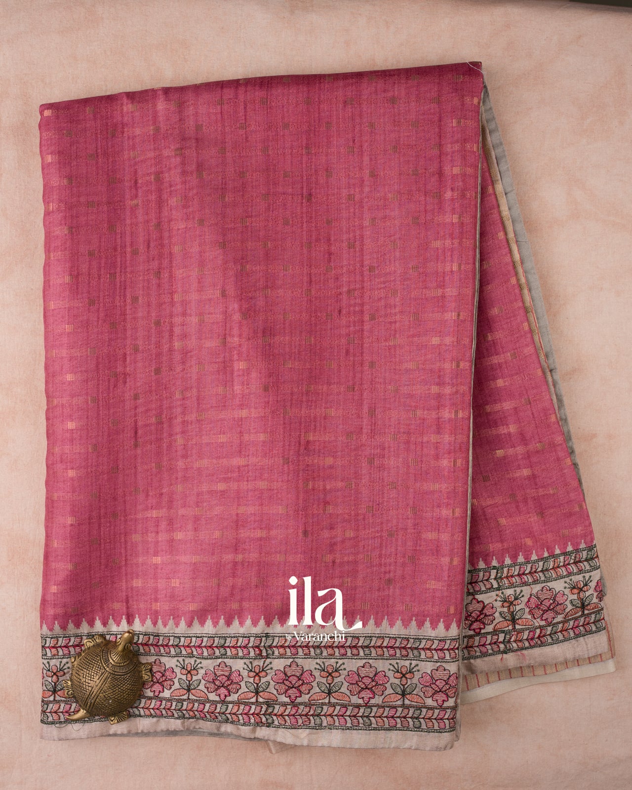 Onion Pink Floral Embroidered Semi Tussar Silk Saree 
