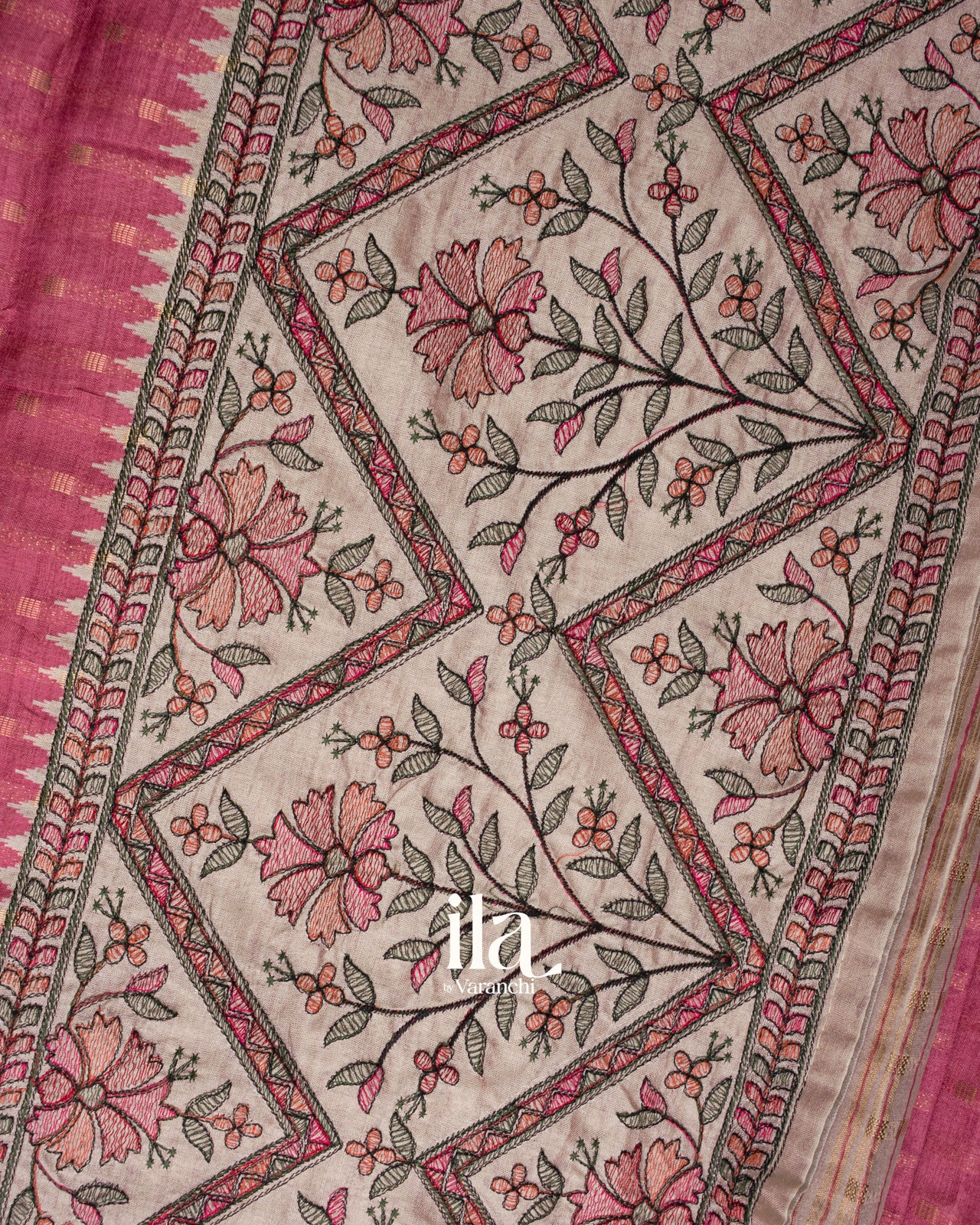 Onion Pink Floral Embroidered Semi Tussar Silk Saree 
