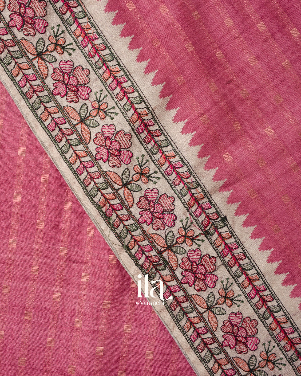 Onion Pink Floral Embroidered Semi Tussar Silk Saree 