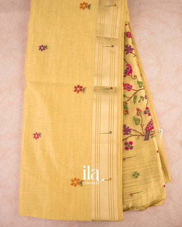 Butter Yellow Paithani Semi Cotton Saree