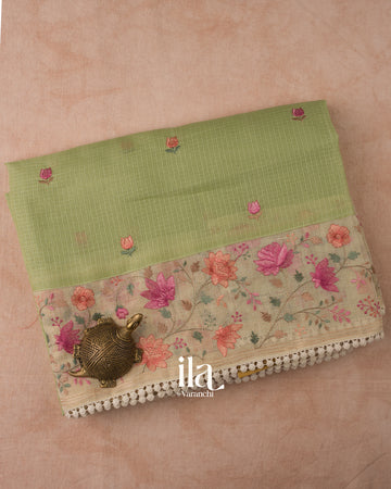Pista Green Floral Embroidered Semi Kota Silk Saree 