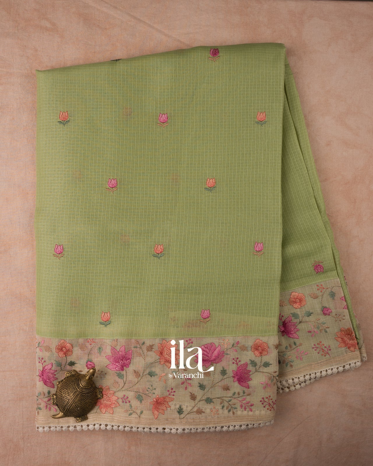 Pista Green Floral Embroidered Semi Kota Silk Saree 