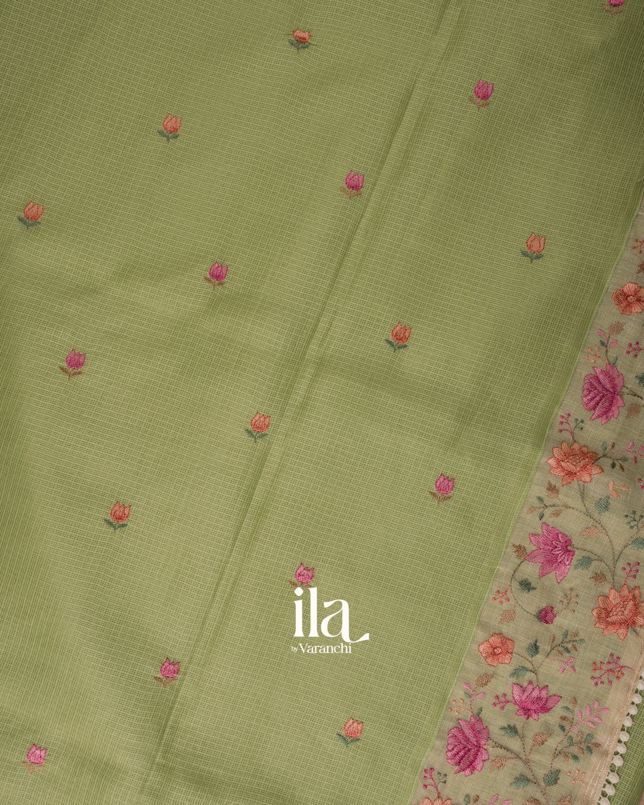Pista Green Floral Embroidered Semi Kota Silk Saree 