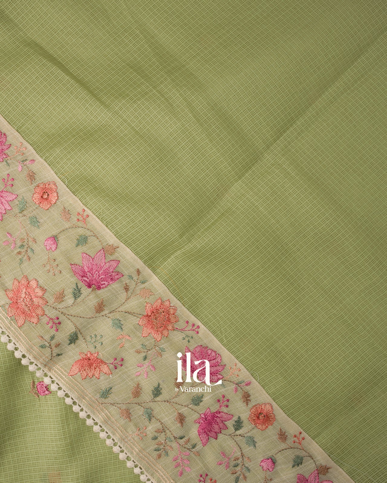 Pista Green Floral Embroidered Semi Kota Silk Saree 
