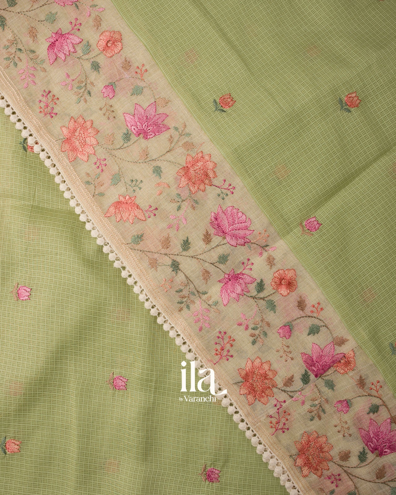 Pista Green Floral Embroidered Semi Kota Silk Saree 