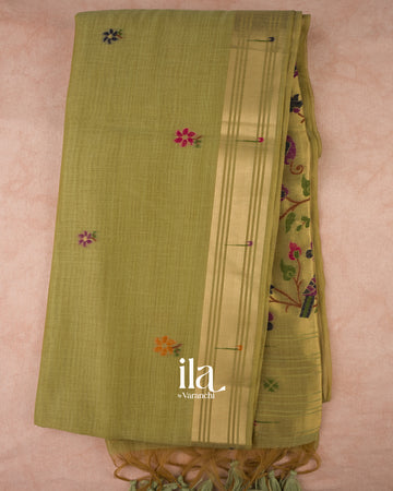 Parrot Green Paithani Semi Cotton Saree