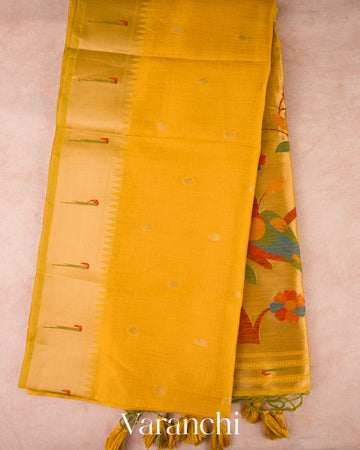 Mustard Yellow Paithani Semi Silk Saree