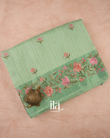 Pastel Green Embroidered Semi Tussar Silk Saree