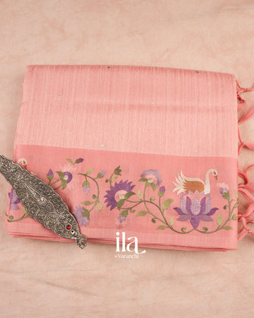 Peach Embroidered Semi Tussar Silk Saree