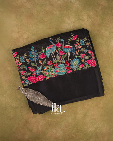 Jet Black Embroidered Semi Tussar Silk Saree