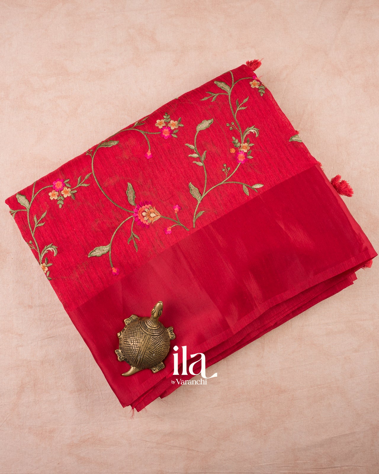 Cherry Red Embroidered Semi Tussar Silk Saree  