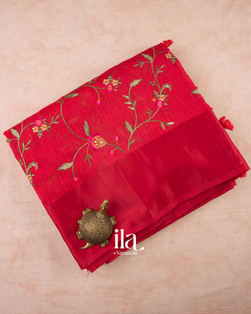 Cherry Red Embroidered Semi Tussar Silk Saree  