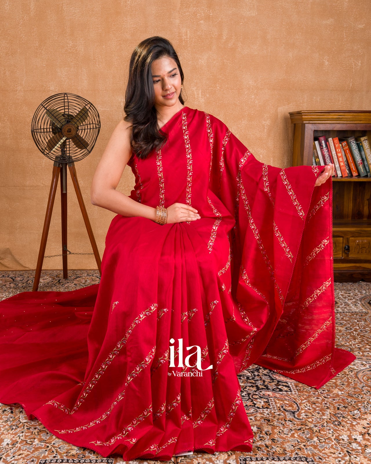 Cherry Red Embroidered Lehariya Semi Tussar Silk Saree