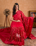 Cherry Red Embroidered Semi Tussar Silk Saree  