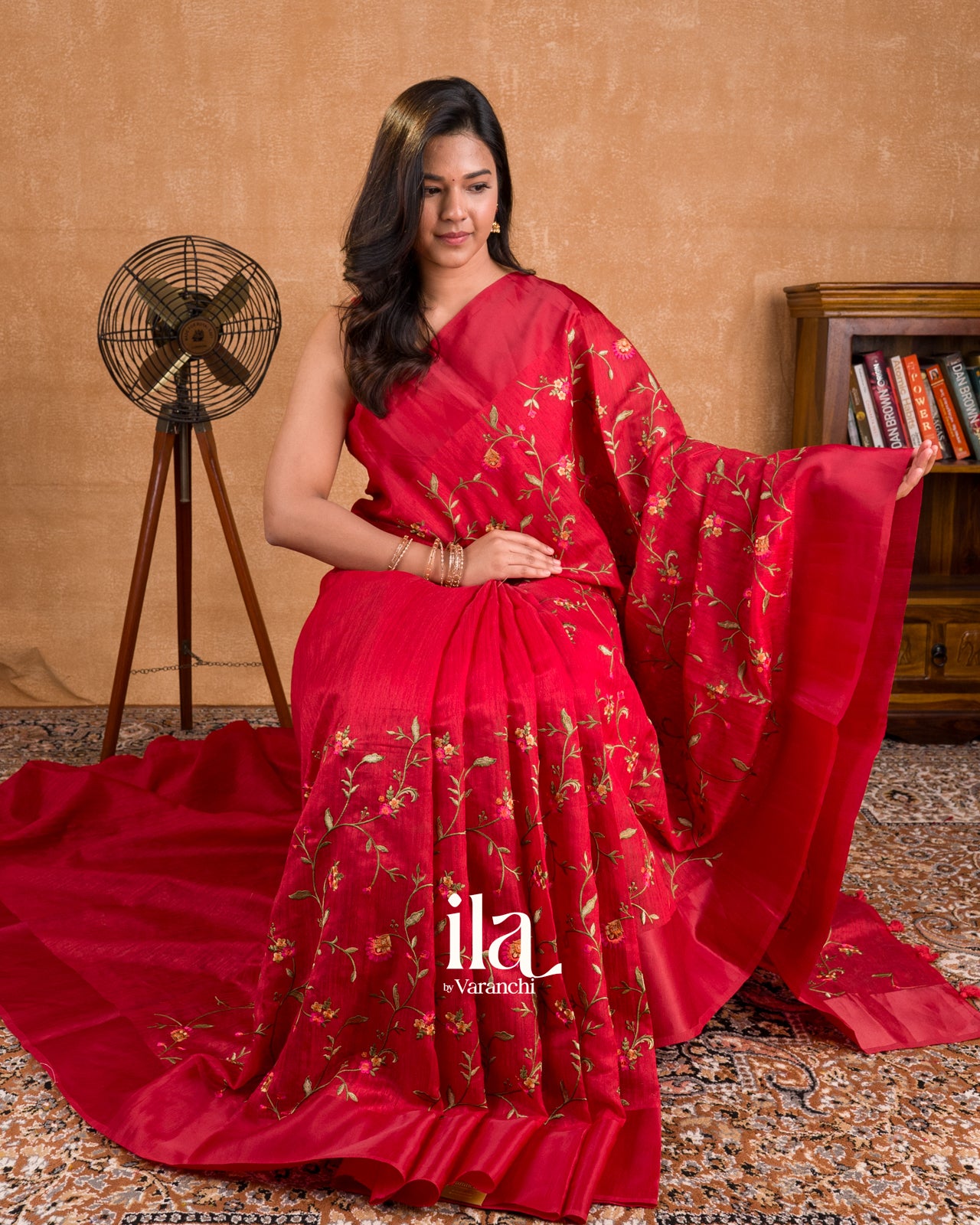 Cherry Red Embroidered Semi Tussar Silk Saree  
