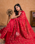 Cherry Red Embroidered Semi Tussar Silk Saree  