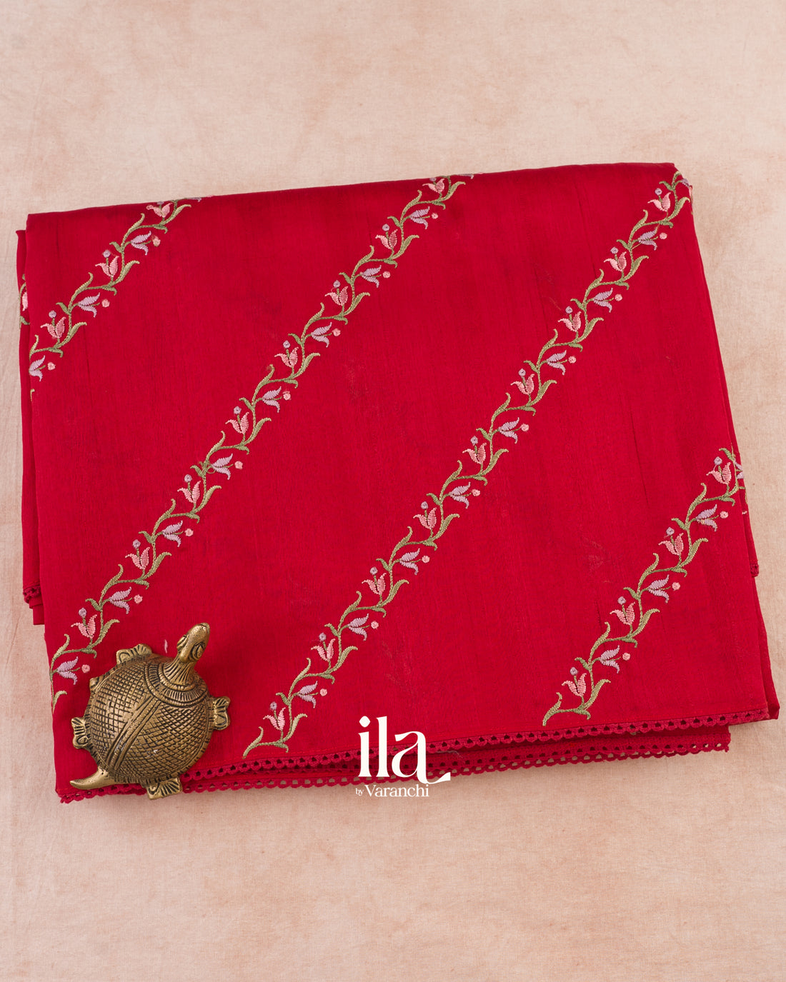 Cherry Red Embroidered Lehariya Semi Tussar Silk Saree