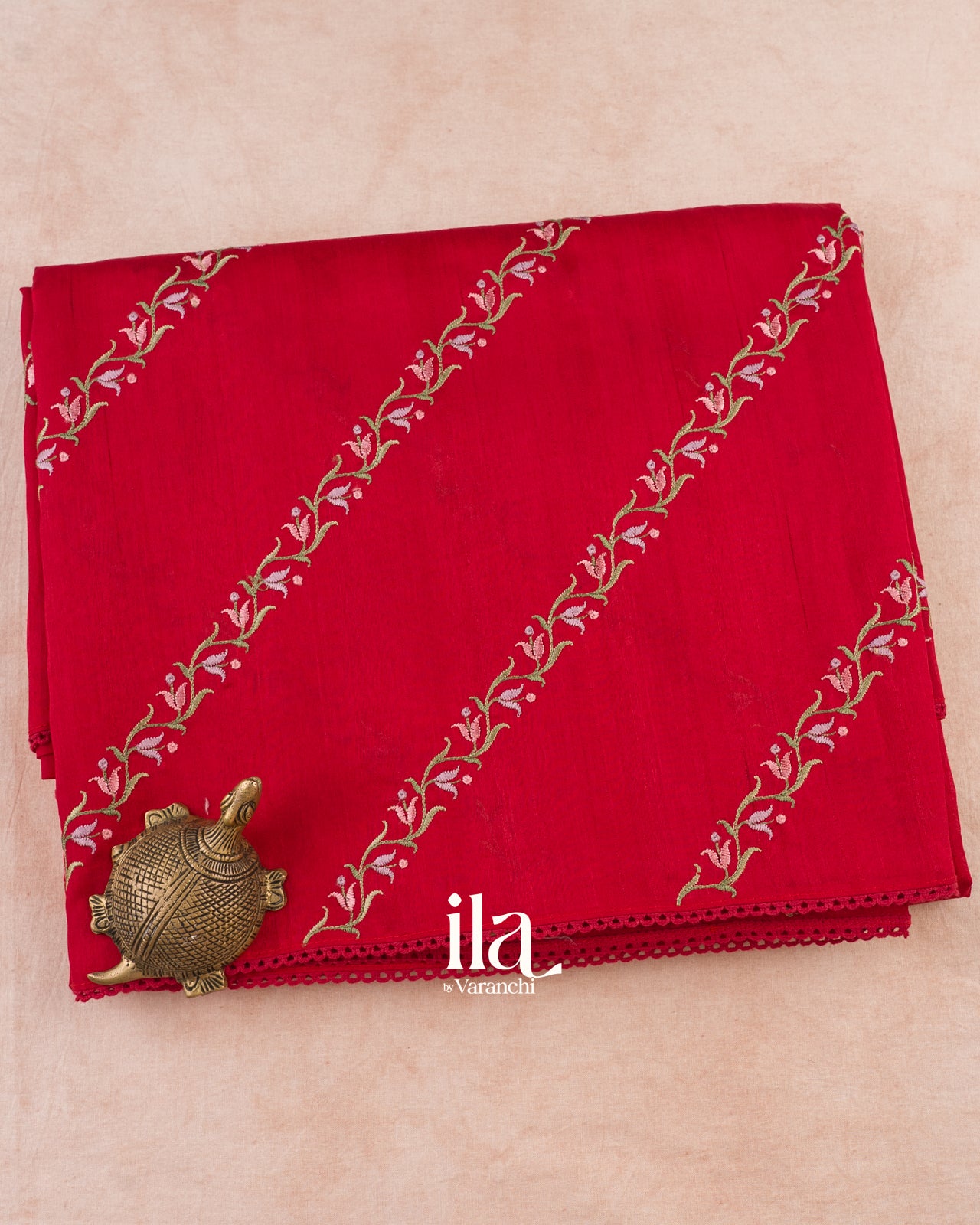 Cherry Red Embroidered Lehariya Semi Tussar Silk Saree