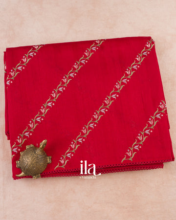 Cherry Red Embroidered Lehariya Semi Tussar Silk Saree
