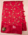 Cherry Red Embroidered Semi Tussar Silk Saree  