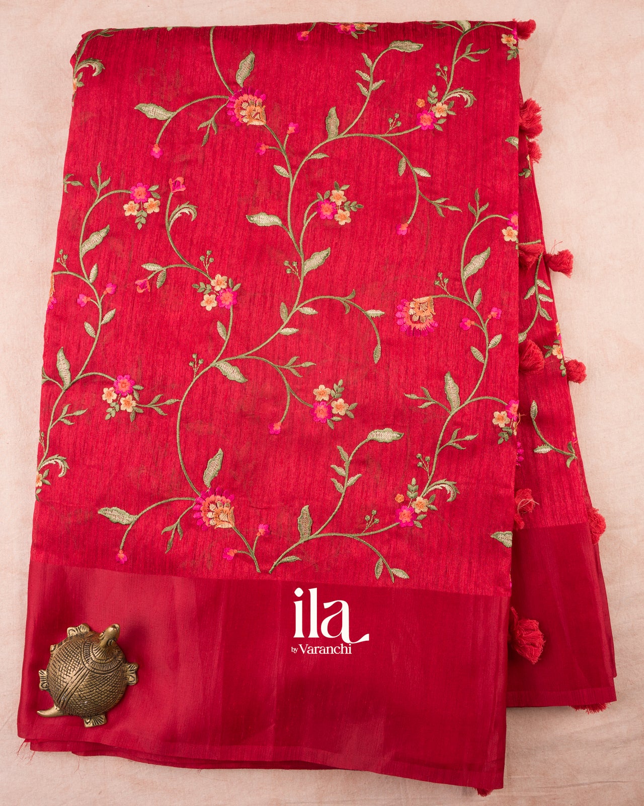 Cherry Red Embroidered Semi Tussar Silk Saree  