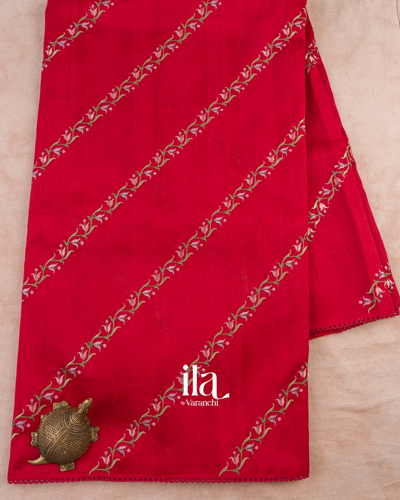 Cherry Red Embroidered Lehariya Semi Tussar Silk Saree
