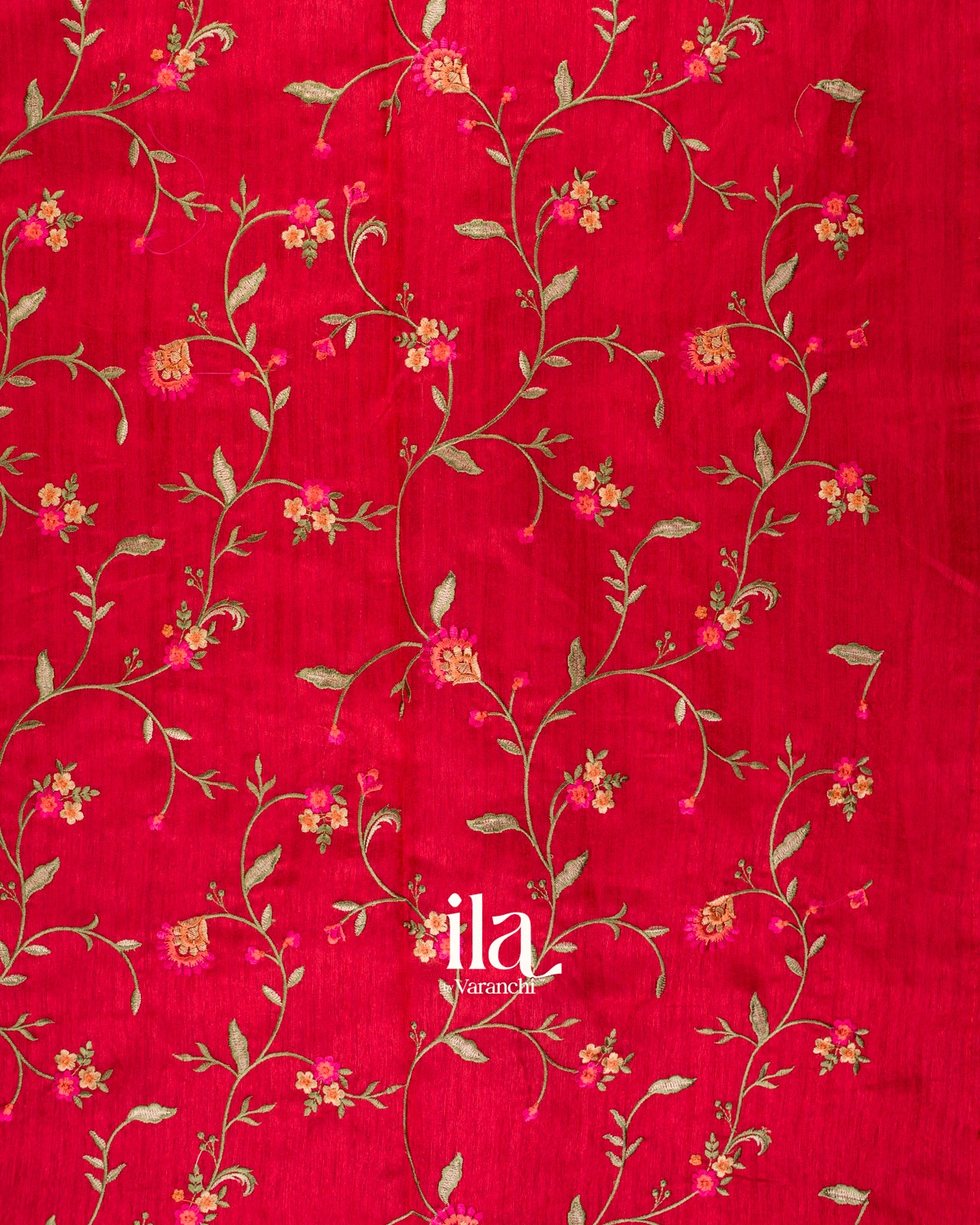 Cherry Red Embroidered Semi Tussar Silk Saree  