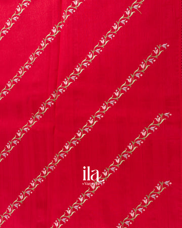 Cherry Red Embroidered Lehariya Semi Tussar Silk Saree