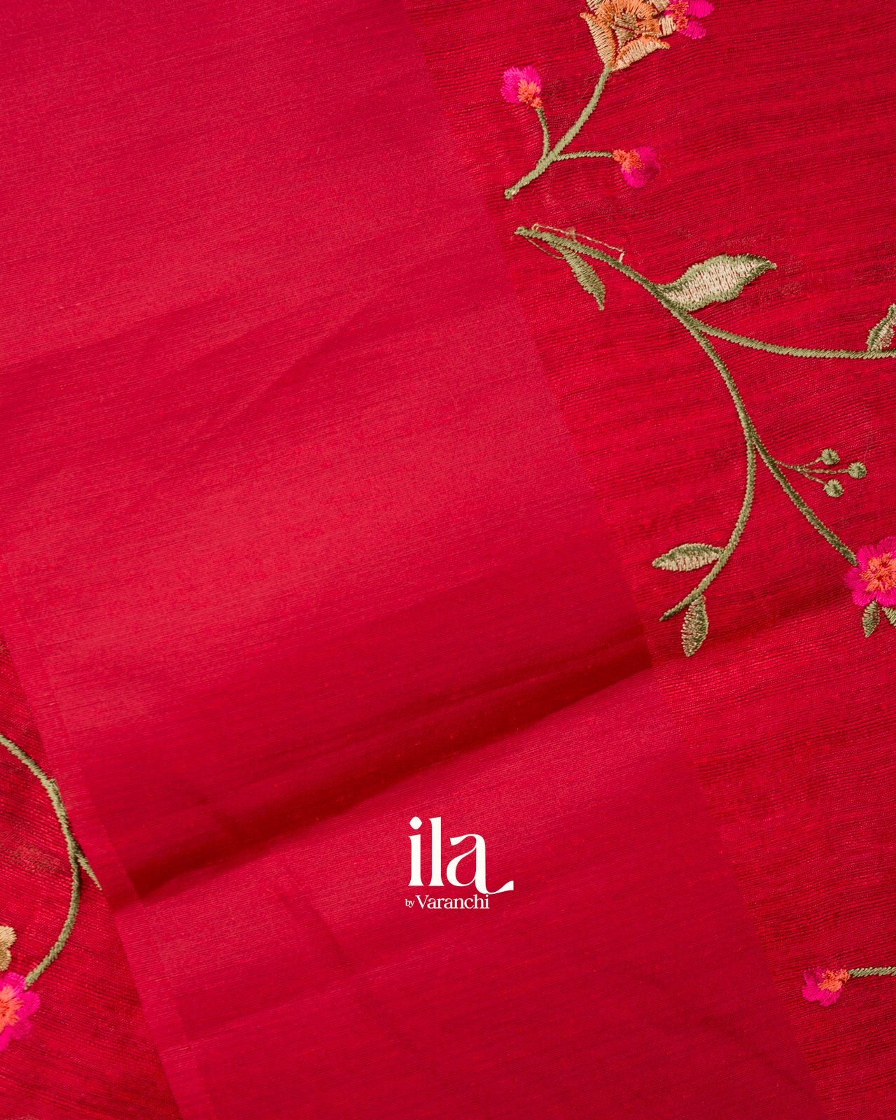 Cherry Red Embroidered Semi Tussar Silk Saree  