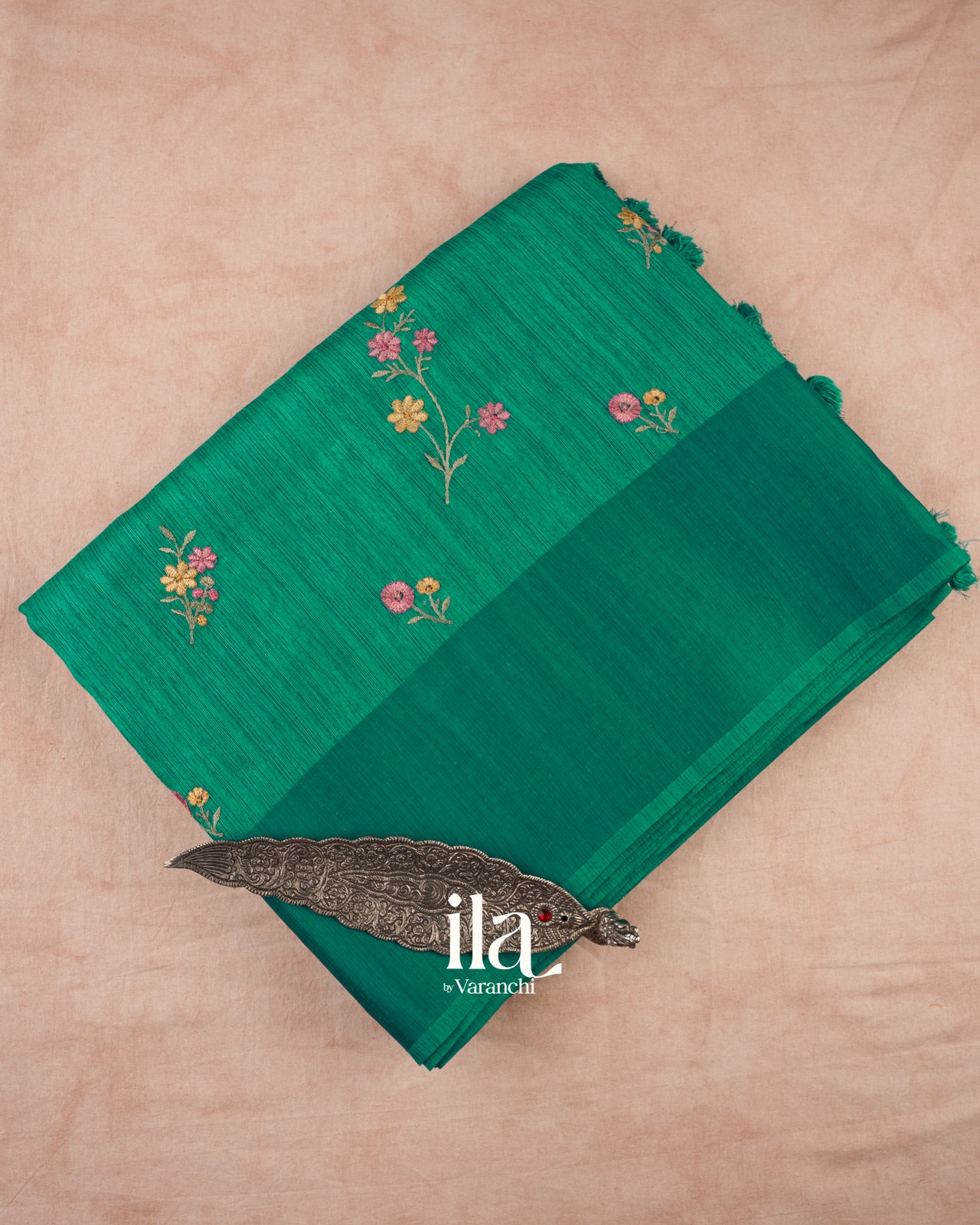 Emerald Green Embroidered Semi Tussar Silk Saree