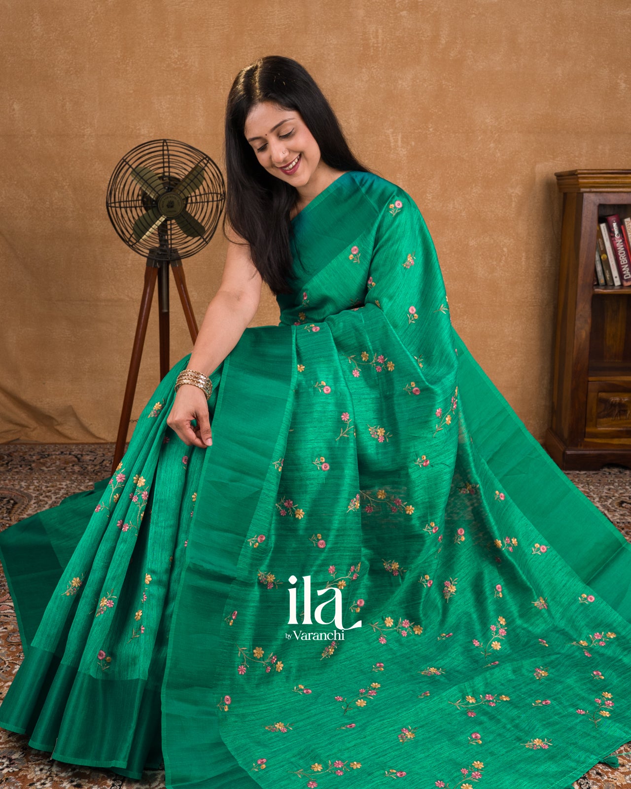 Emerald Green Embroidered Semi Tussar Silk Saree