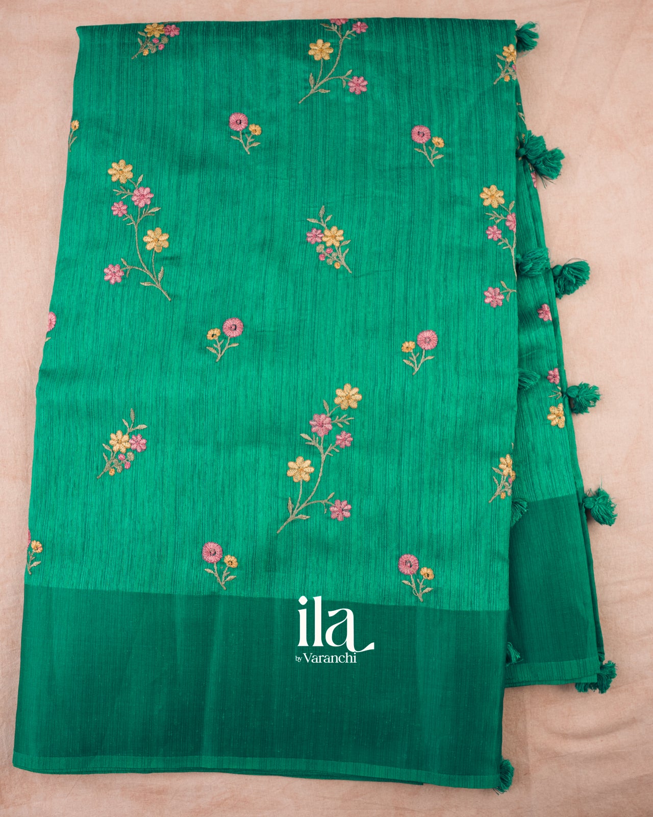 Emerald Green Embroidered Semi Tussar Silk Saree