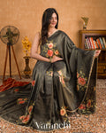Black Digital Printed and Embroidered Tissue Silk Saree
