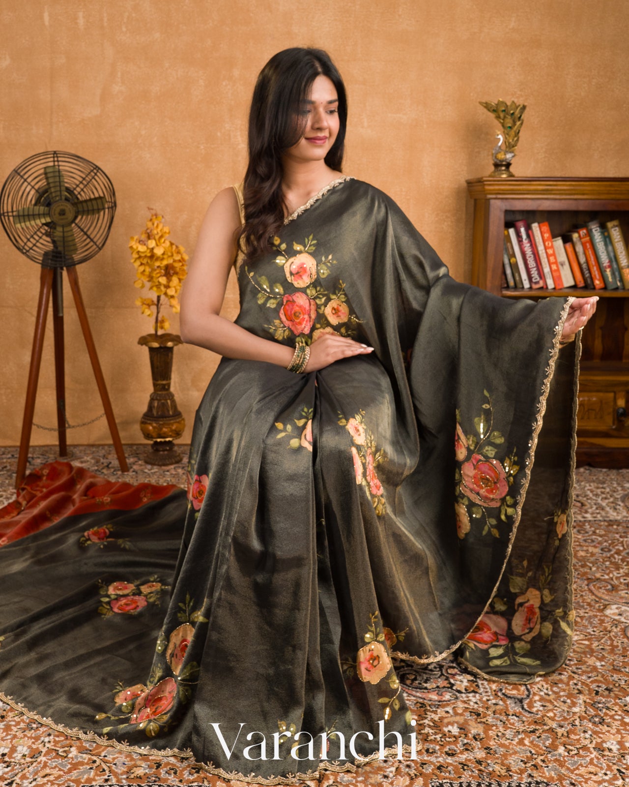 Black Digital Printed and Embroidered Tissue Silk Saree