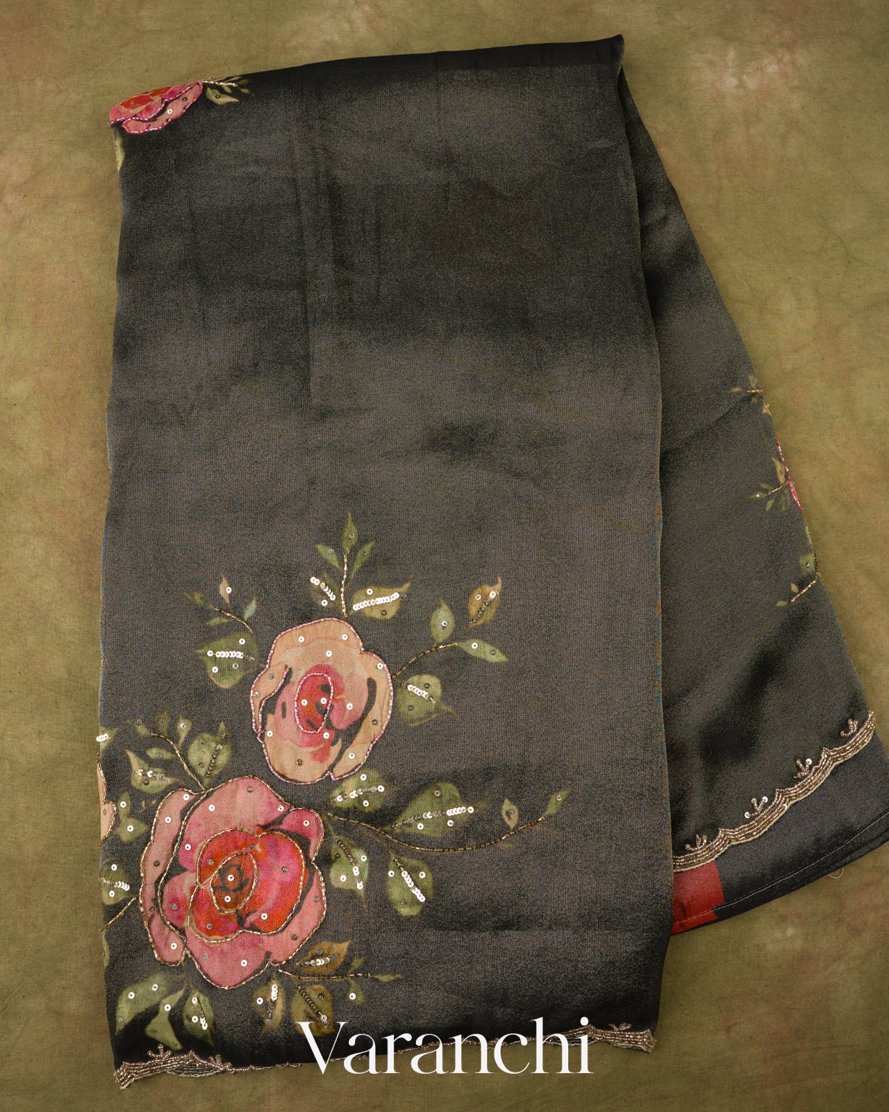 Black Digital Printed and Embroidered Tissue Silk Saree