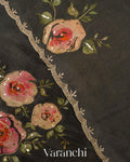 Black Digital Printed and Embroidered Tissue Silk Saree