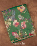 Bottle Green Digital Printed and Embroidered Tissue Silk Saree