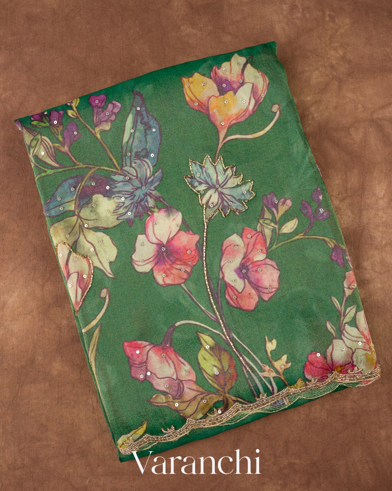Bottle Green Digital Printed and Embroidered Tissue Silk Saree