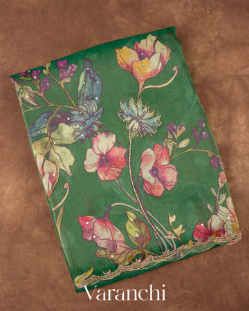 Bottle Green Digital Printed and Embroidered Tissue Silk Saree