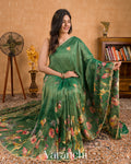 Bottle Green Digital Printed and Embroidered Tissue Silk Saree