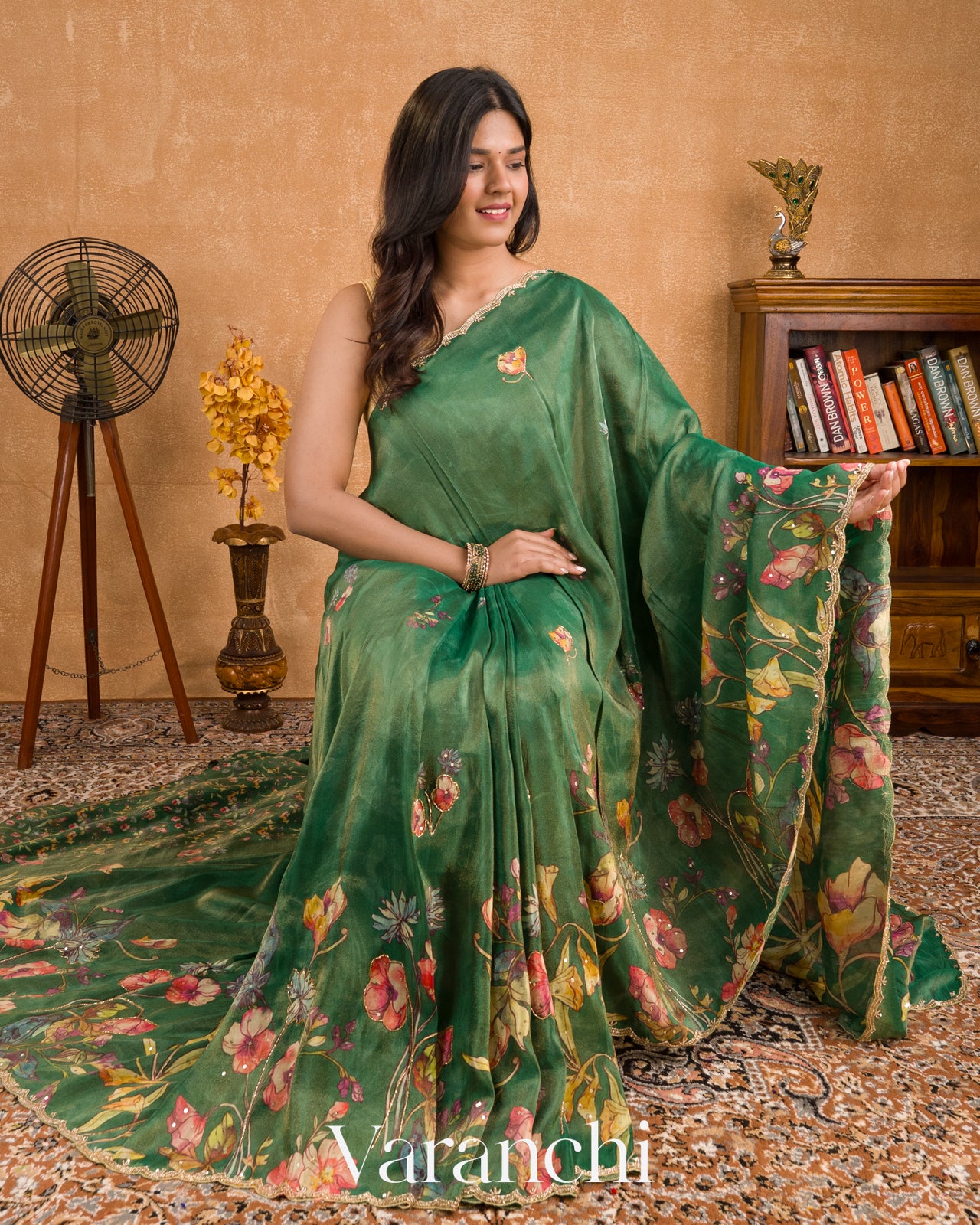 Bottle Green Digital Printed and Embroidered Tissue Silk Saree