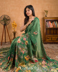 Bottle Green Digital Printed and Embroidered Tissue Silk Saree